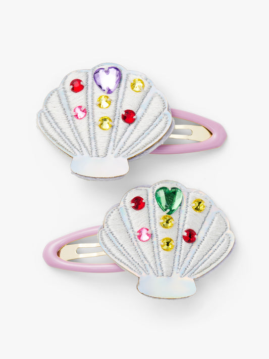 Stych Girls Pack of 2 Silver Seashell Hair Clips Embroidered With Gems; One Size