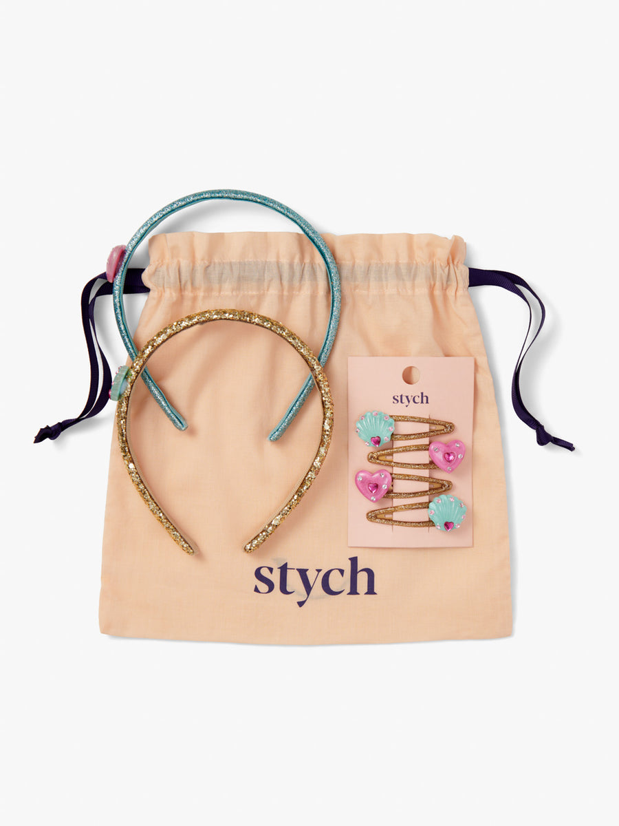 Stych Girl's Mermaid Gem Hair Clips & Headband Gift Set Pink & Blue