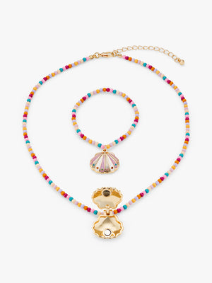 Stych Girls Mermaid Seashell Charm Locket Necklace & Charm Bracelet With Pink Tone Beading Chain Finish, One Size Elasticated