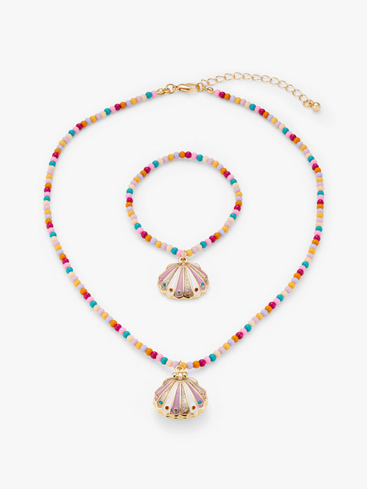 Stych Girls Mermaid Seashell Charm Locket Necklace & Charm Bracelet With Pink Tone Beading Chain Finish, One Size Elasticated 