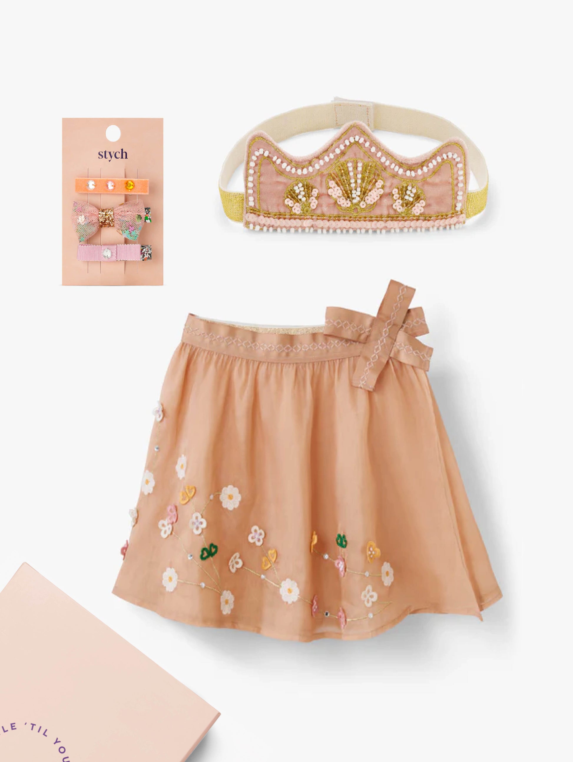 Stych Kids Dress Up Gift Box With Pink  Floral skirt, pink velvet gem mermaid crown headband, and 3pk tulle hair clips, gift wrapped in a box 
