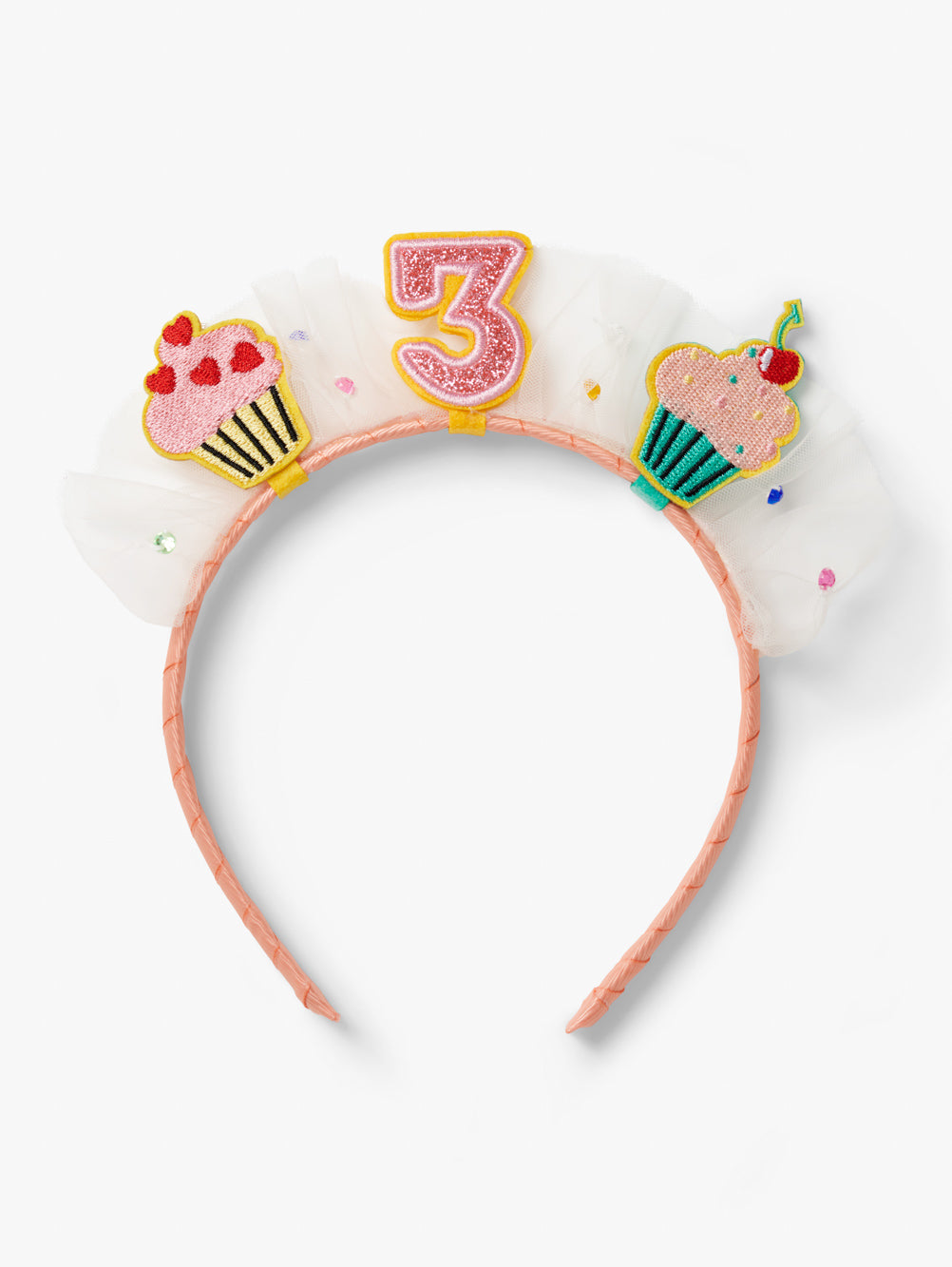 Stych Birthday Number Crown with central number 3, cupcake patches and tulle gem detail on a pink headband.