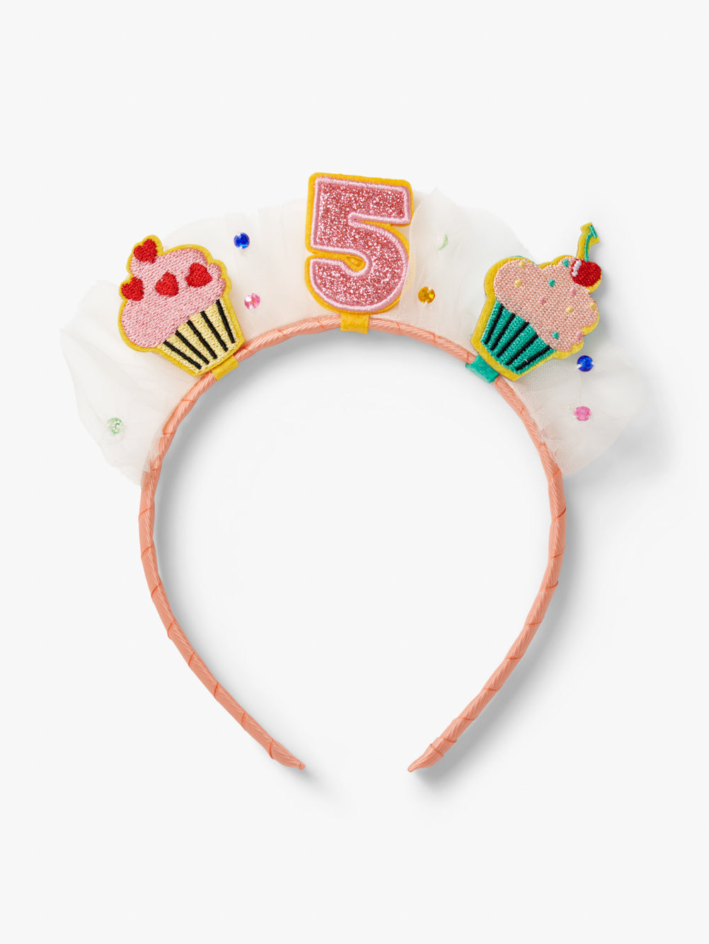 Stych Birthday Number Crown with central number 5, cupcake patches and tulle gem detail on a pink headband.