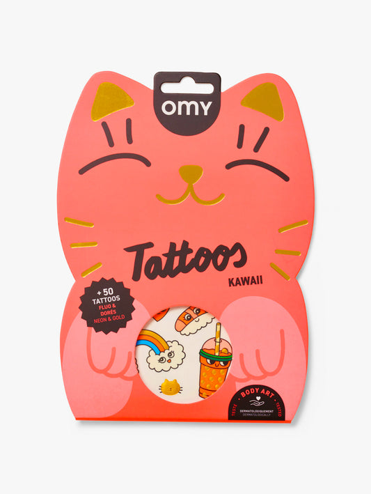 OMY Brand Pack of 50 Kawaii character temporary tattoos for kids  