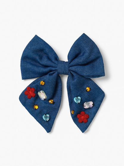 Stych Kids Oversized Chambray Bow Gem Hair Clip