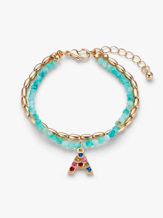 Stych Kids Personalised Initial Gem Bracelet Set Blue And Gold Tone With Gift Pouch. 