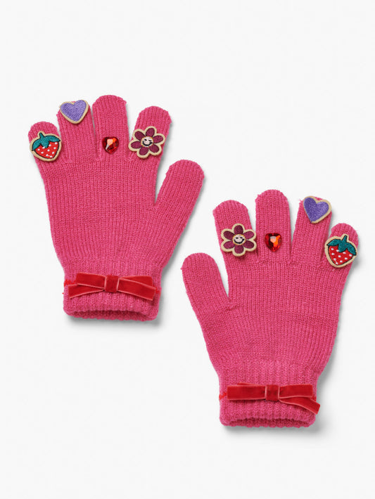 Stych Kids Pink Knit Gloves With Bow Cuff & Patch Fingers - One Size