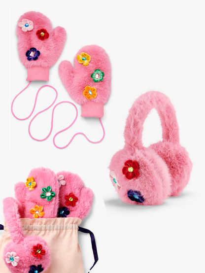 Pink Flower Earmuff and Mitten Gift Set
