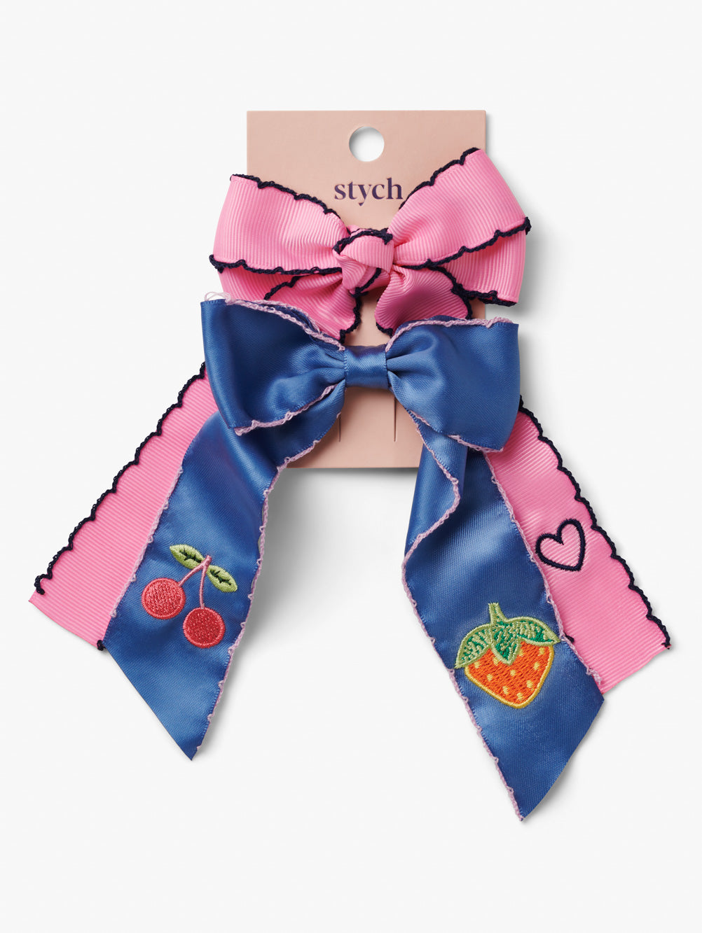Long Bow Embroidered Hair Clip 2 Pack Pink and Blue