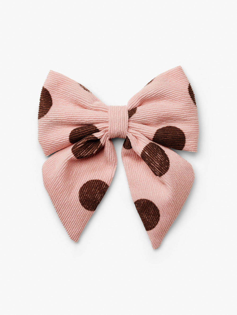 Stych Girls Pink cord fabric oversized hair bow clip with brown polka dots 