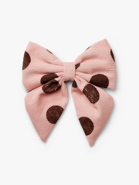 Stych Girls Pink cord fabric oversized hair bow clip with brown polka dots 