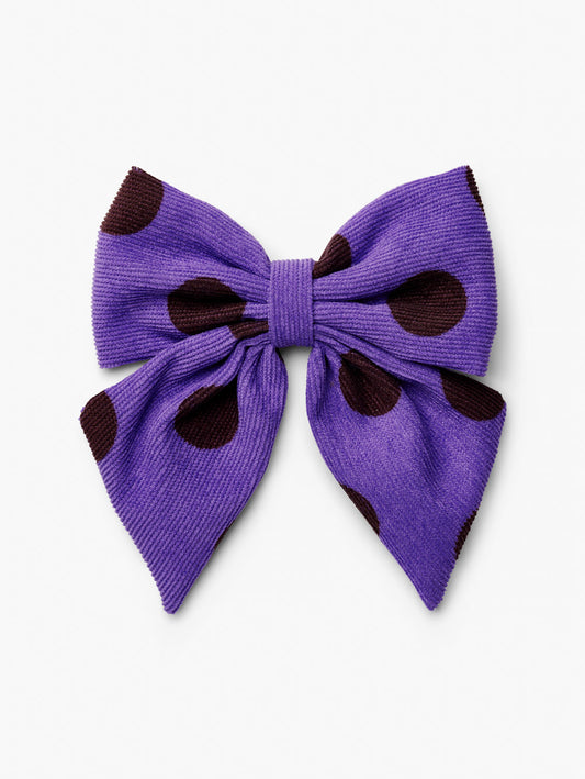 Stych Girls Purple cord fabric oversized hair bow clip with brown polka dots 