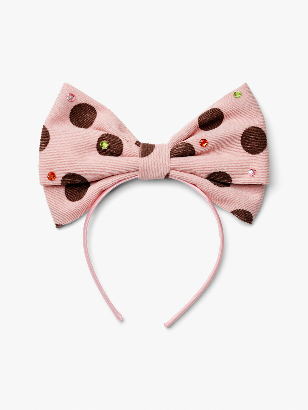 Stych Girls Pink oversized cord bow headband with brown polka dots  and gem detail 