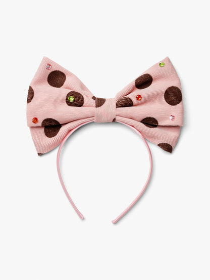 Stych Girls Pink oversized cord bow headband with brown polka dots  and gem detail 