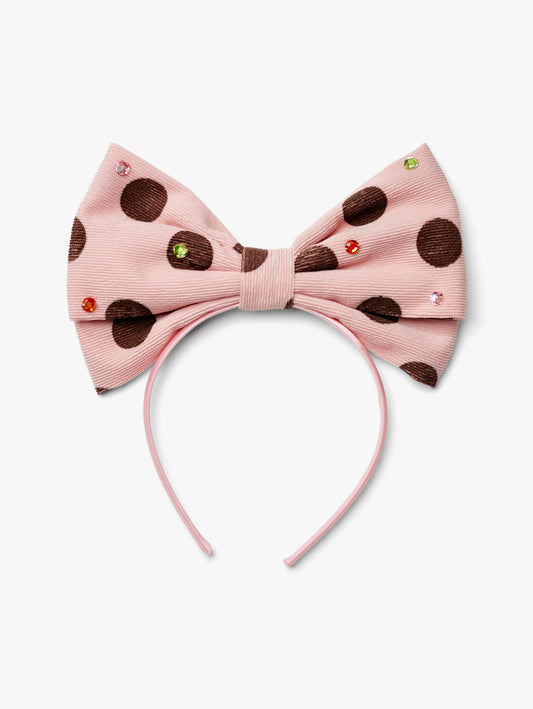 Stych Girls Pink oversized cord bow headband with brown polka dots  and gem detail 