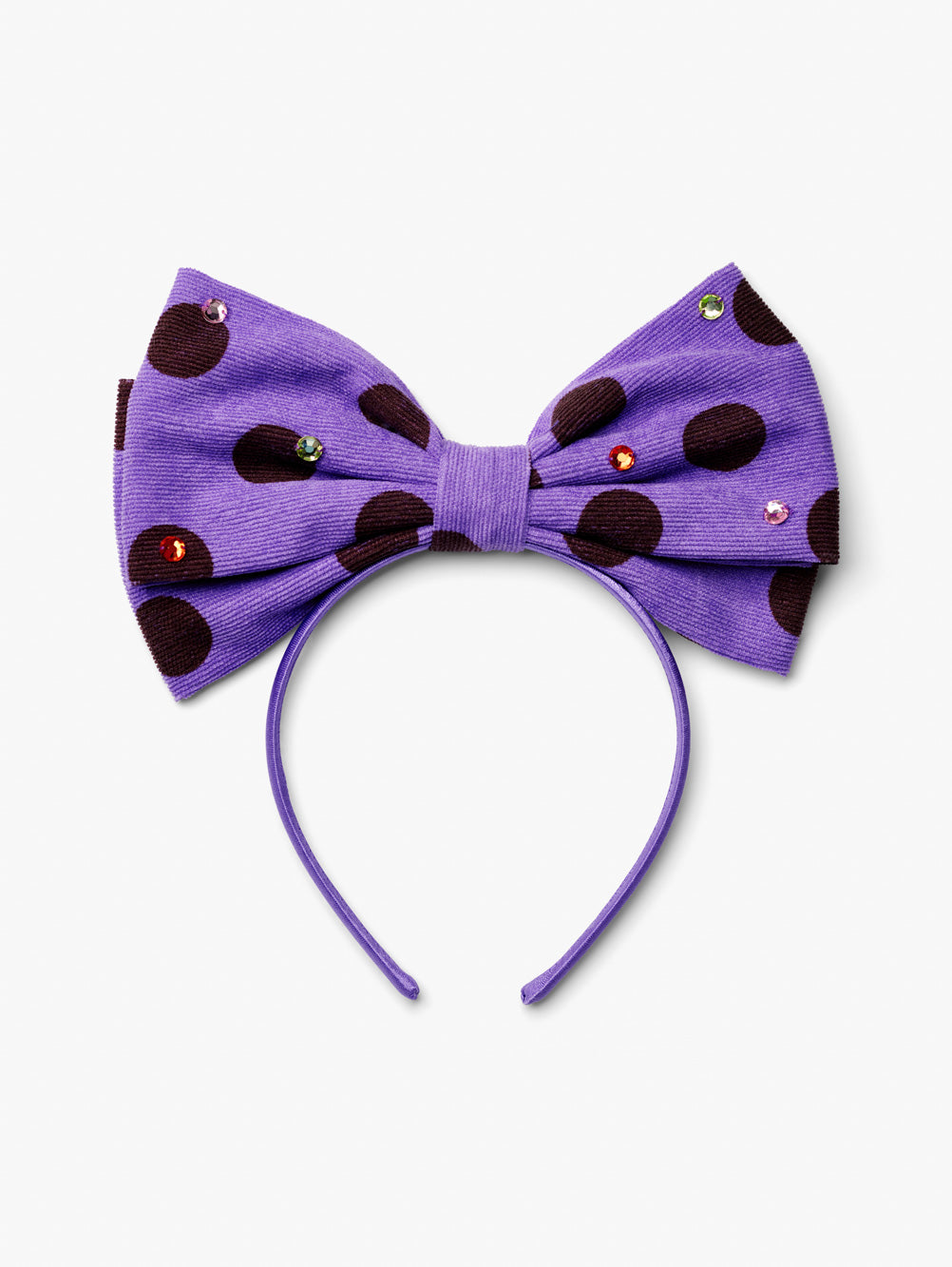 Stych Girls Purple oversized bow headband with brown polka dots and gem detail