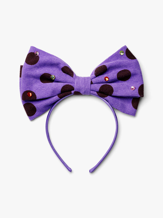 Stych Girls Purple oversized bow headband with brown polka dots and gem detail