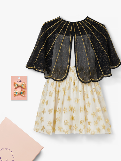 Stych Kids Gold Star Dress & Black Gold Trim Tulle Cape & Accessories  Dress Up Gift Box 3-4yr, 5-6yr, 7-8yr