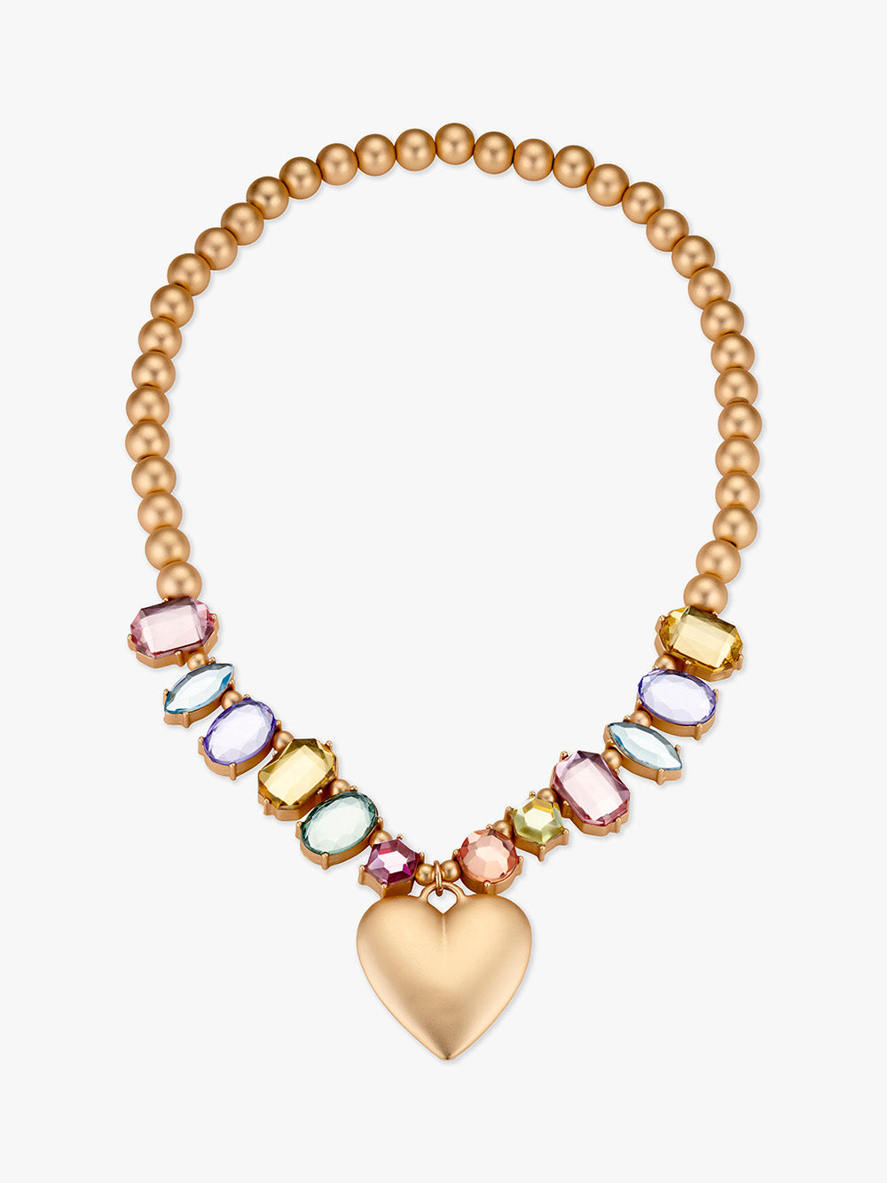 Stych Girls Statement Princess Necklace with heart-shaped pendant and multicolorued gems on a large gold tone bead chain, comes in a pink heart shape reusable gift box 