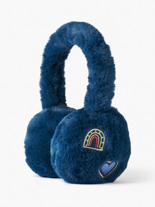 Stych Girl's Blue Faux Fur Stych Heritage Rainbow & Heart Earmuffs With Embroidery Patch Applique Adjustable Height