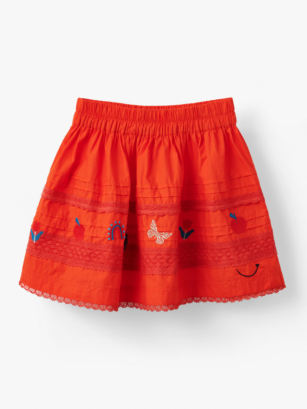 Girls Red Cotton Pin Tuck & Lace Embroidered Rainbow Skirt, Sizes 3-4y, 5-6y, 7-8y