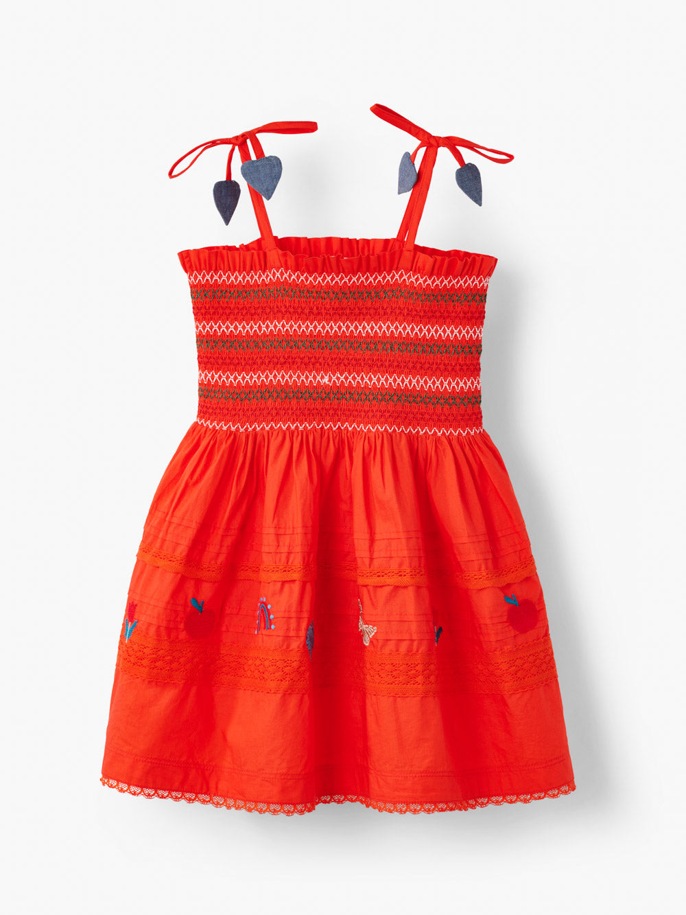 Stych Girls Red Cotton Hand Smocked Lace Strappy Dress With Embroidery Rainbow Detail, Sizes 3-4y, 5-6y, 7-8y