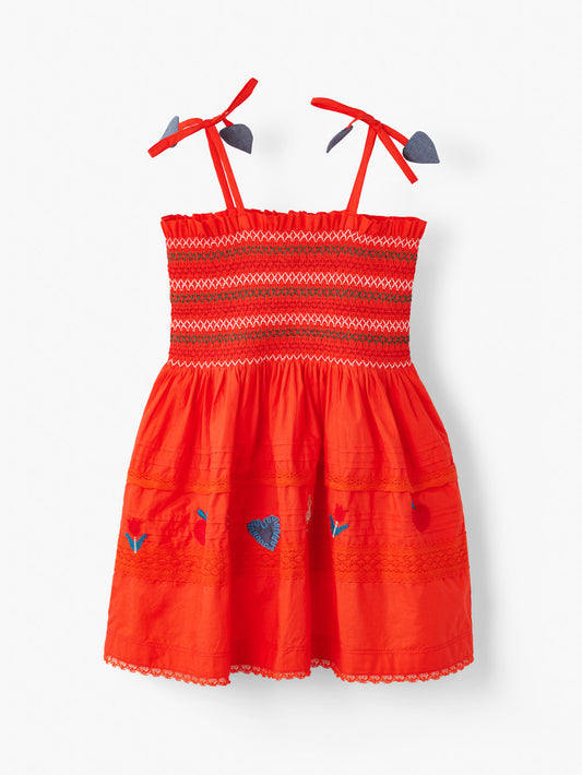 Stych Girls Red Cotton Hand Smocked Lace Pin Tuck Strappy Dress With Embroidery Rainbow Detail, Sizes 3-4y, 5-6y, 7-8y