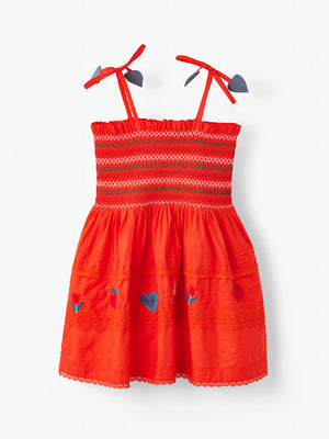 Stych Girls Red Cotton Hand Smocked Lace Strappy Dress With Embroidery Rainbow Detail, Sizes 3-4y, 5-6y, 7-8y