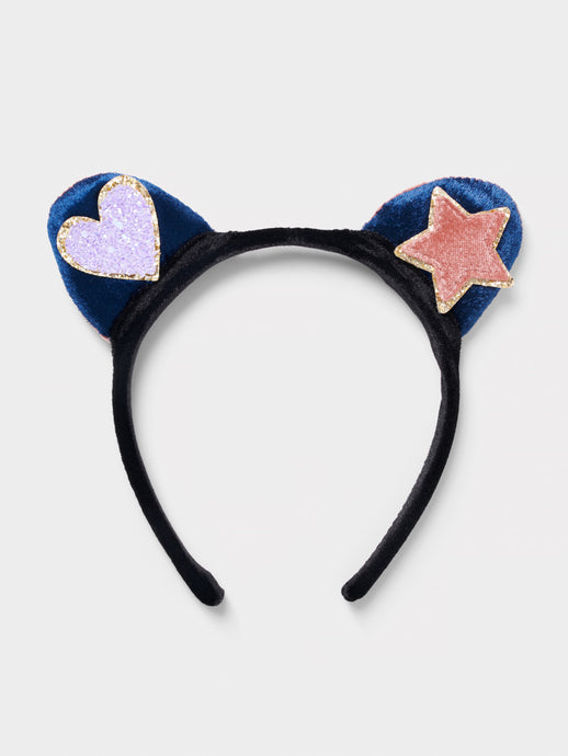 Stych Girl's Velour Cat Ear Headband Reversible With Embroidery Applique Detail 
