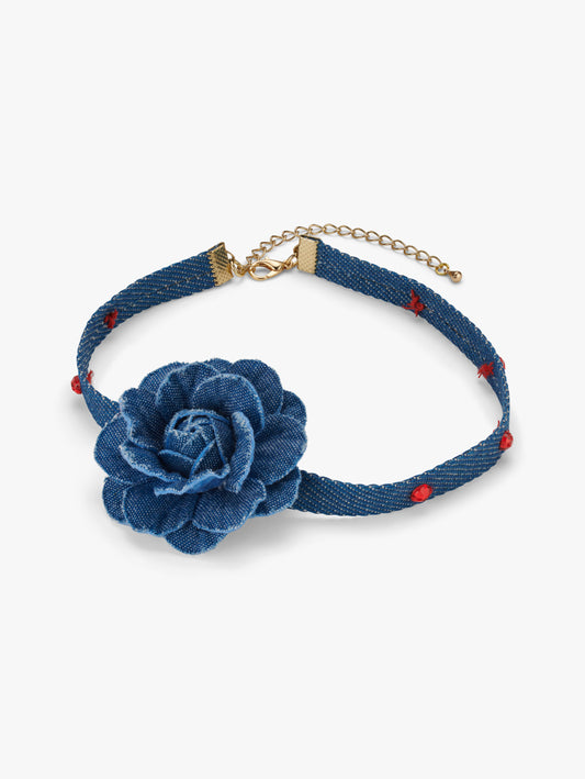 Stych Kids Western Blue Denim 3D Rose & Gem Choker Necklace Adjustable size 