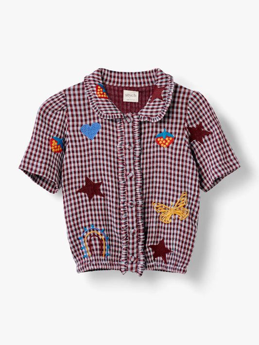 Stych Kids Ruffle Trim Embroidered Cotton Short Sleeve Blouse Burgundy Gingham 3 sizes 3-4yr 5-6yr 7-8yr