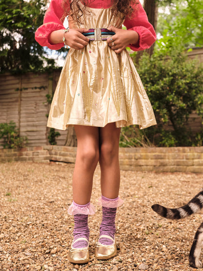 Stych Girls Gold Metallic Strappy Party Dress With Embroidery & Gems Detail; Sizes 3-4 years, 5-6 years, 7-8 years