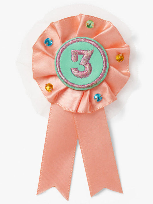 Stych Girls Birthday Number Peach ribbon Rosette Pin Badge with decorative tulle and gems and a number 3 in the centre. 