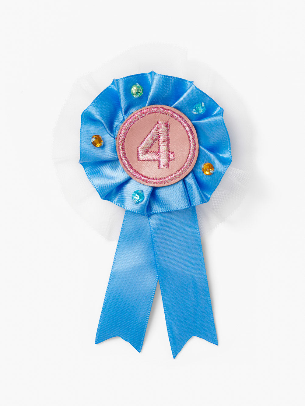 Stych Girls Birthday Number blue ribbon Rosette Pin Badge with decorative tulle and gems and a number 4 in the centre. 