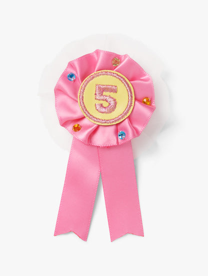 Stych Girls Birthday Number Pink ribbon Rosette Pin Badge with decorative tulle and gems and a number 5 in the centre. 