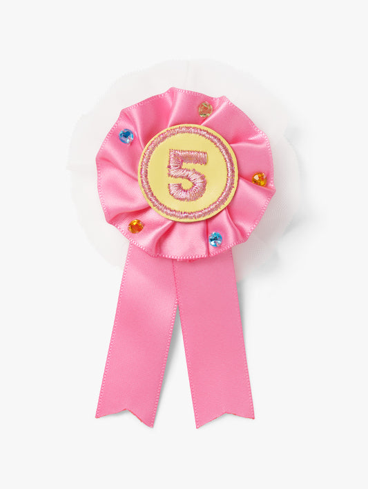 Stych Girls Birthday Number Pink ribbon Rosette Pin Badge with decorative tulle and gems and a number 5 in the centre. 