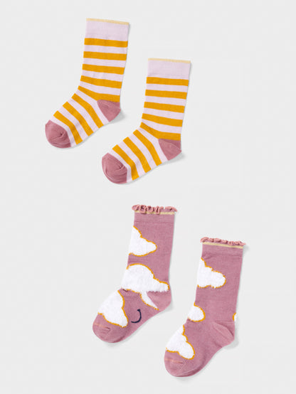 Stych Girl's Organic Mix Pack of 2 pairs of ankle socks with print & texture detail. 2 sizes 