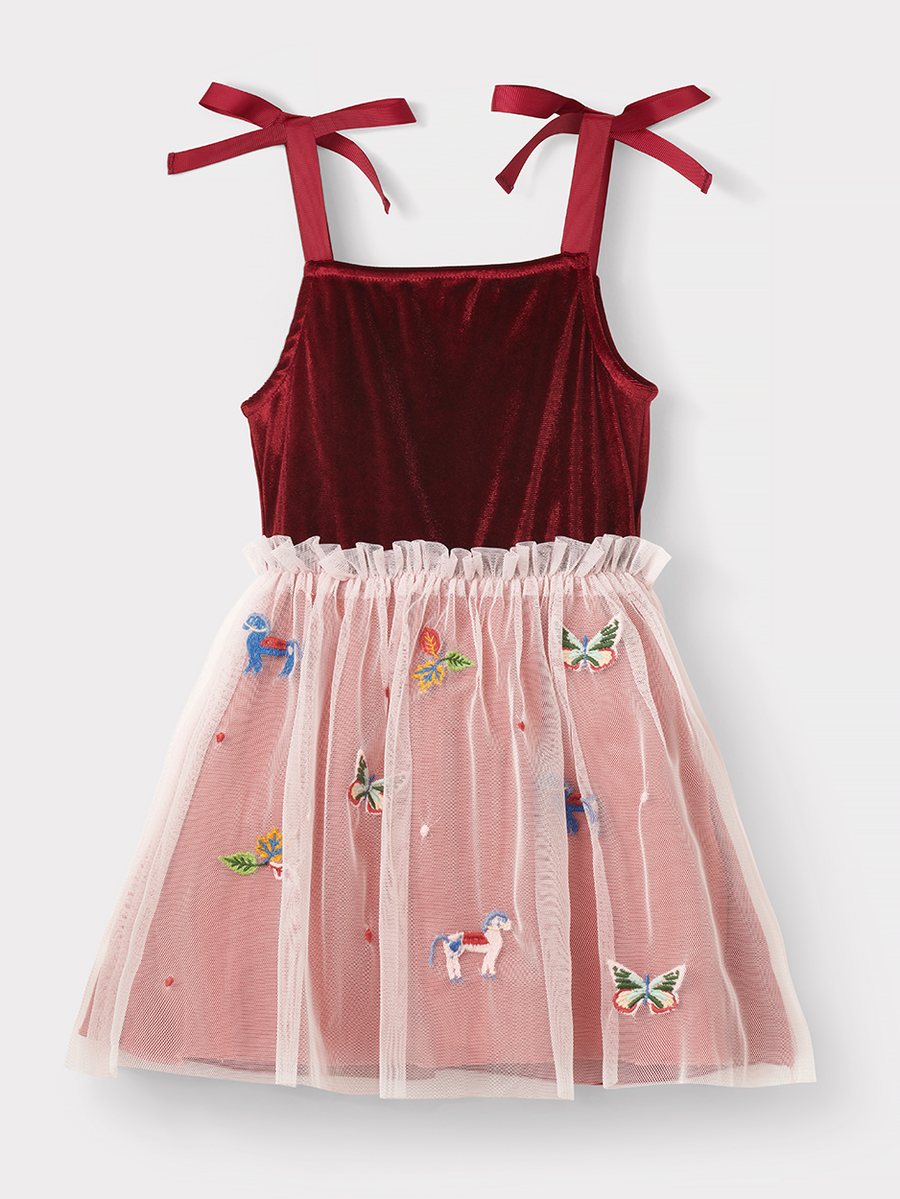 Stych Girl's Pink Tulle & Velvet Strappy Dress With Embroidery Applique, Lined Ages 3-4 5-6 & 7-8 years 