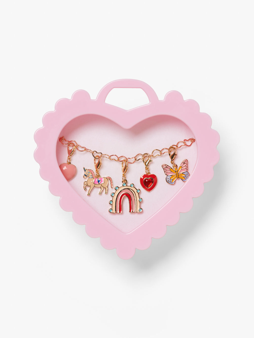 Stych Girls Rainbow colour inspired  charms set on a gold tone heart chain, presented in a pink heart-shaped box 