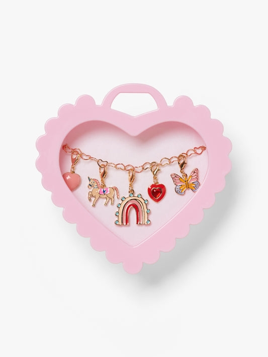 Stych Girls Rainbow colour inspired  charms set on a gold tone heart chain, presented in a pink heart-shaped box 