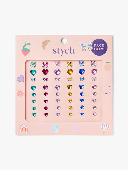 Pack of 48 face gems with colourful textured gems, hearts and bows 