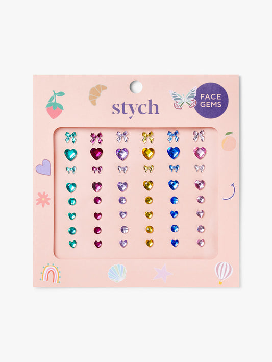 Pack of 48 face gems with colourful textured gems, hearts and bows 