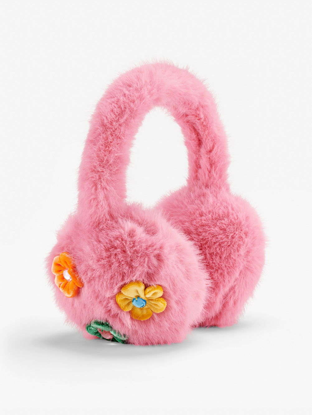 Stych Girls pink furry ear muffs with flower and gem patch detail