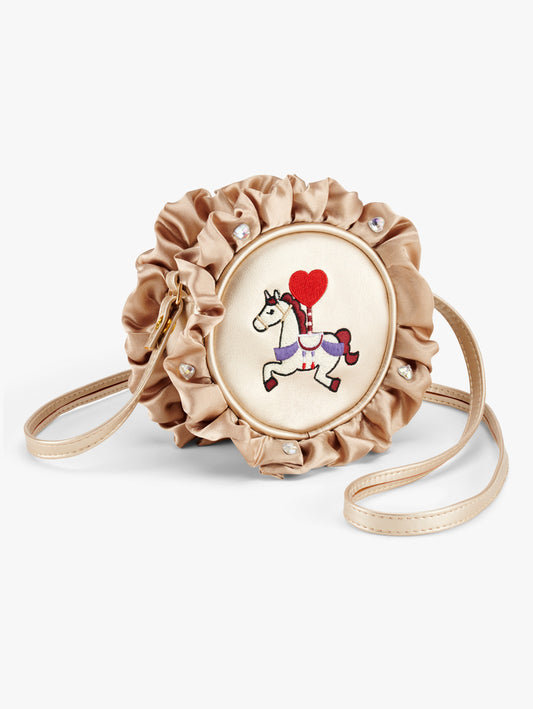 Stych Girls Round gold faux leather bag with decorative ruffle trim and embroidered unicorn and a gem detail 