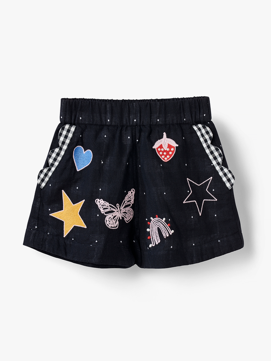 Stych Kids Black Gingham Embroidered Rainbow & Star Shorts With Scallop Pocket 3-4yrs, 5-6yrs, 7-8yrs