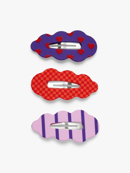 Stych Girl's Pack of three colourful hair clips with heart, stripe and check patterns 