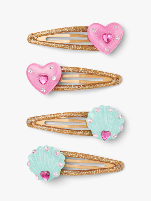 Stych Girls Pack of 4 Blue Seashell and Pink Heart Gem Sparkle Hair Clips, one sizw