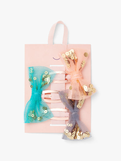 Sequin Tulle Bow Hair Clips 3PK