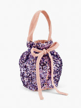 Load image into Gallery viewer, Stych Girl&#39;s Lilac Velvet &amp; Lilac Sequin Bucket Bag With Handle,  Drawstring &amp; Tie Closure