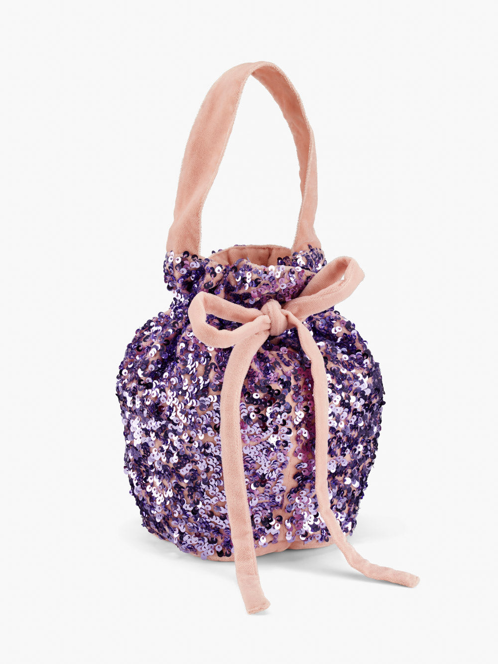 Stych Girl's Lilac Velvet & Lilac Sequin Bucket Bag With Handle,  Drawstring & Tie Closure